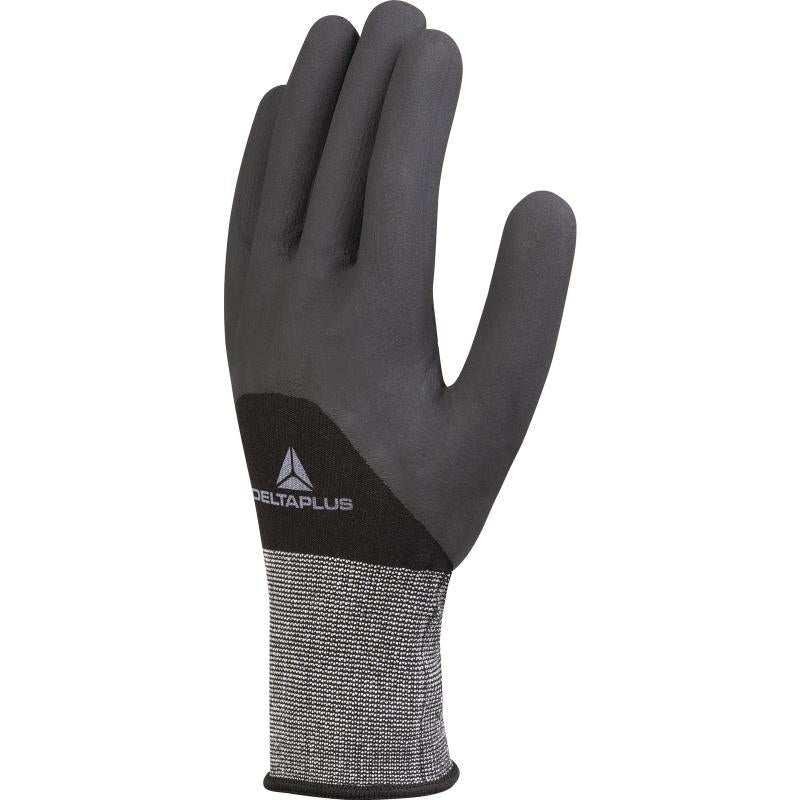 POLYESTER/SPANDEX KNITTED GLOVE - NITRILE COATING ON PALM FINGERS AND HALF BACK+DOTS - GAUGE 15